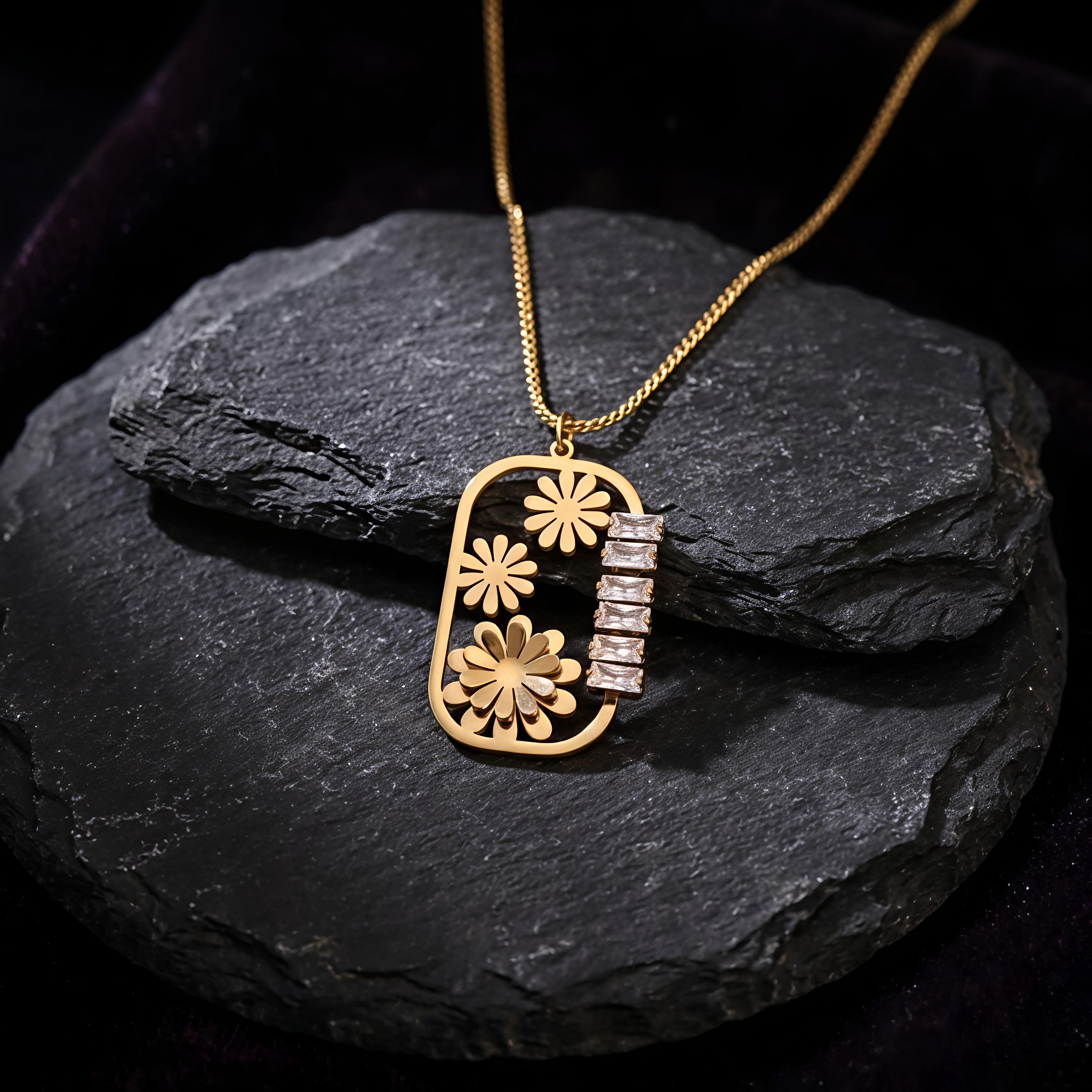 Close up of Tavisi Elara Bloom floral necklace with AD American Diamond stones, waterproof and long lasting gold shine
