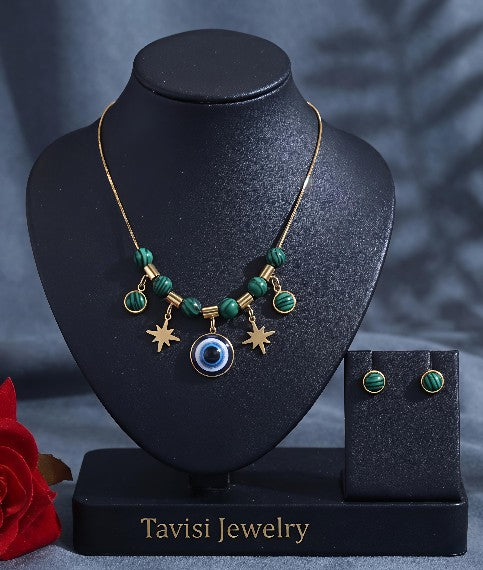 Tavisi Elara Evil Eye Necklace Set 22K gold plated anti tarnish stainless steel jewellery with green stones