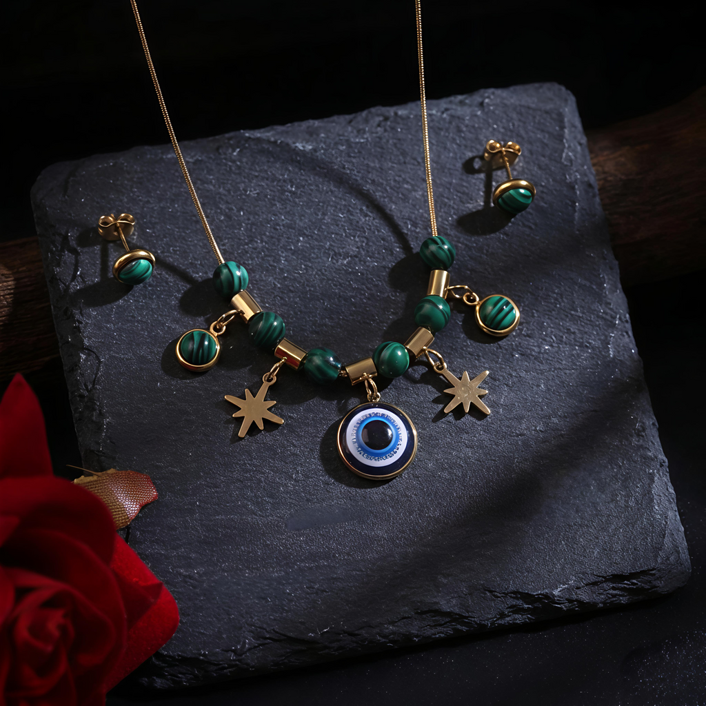 Premium Tavisi Evil Eye necklace and earring combo waterproof 316L stainless steel jewellery with long lasting shine