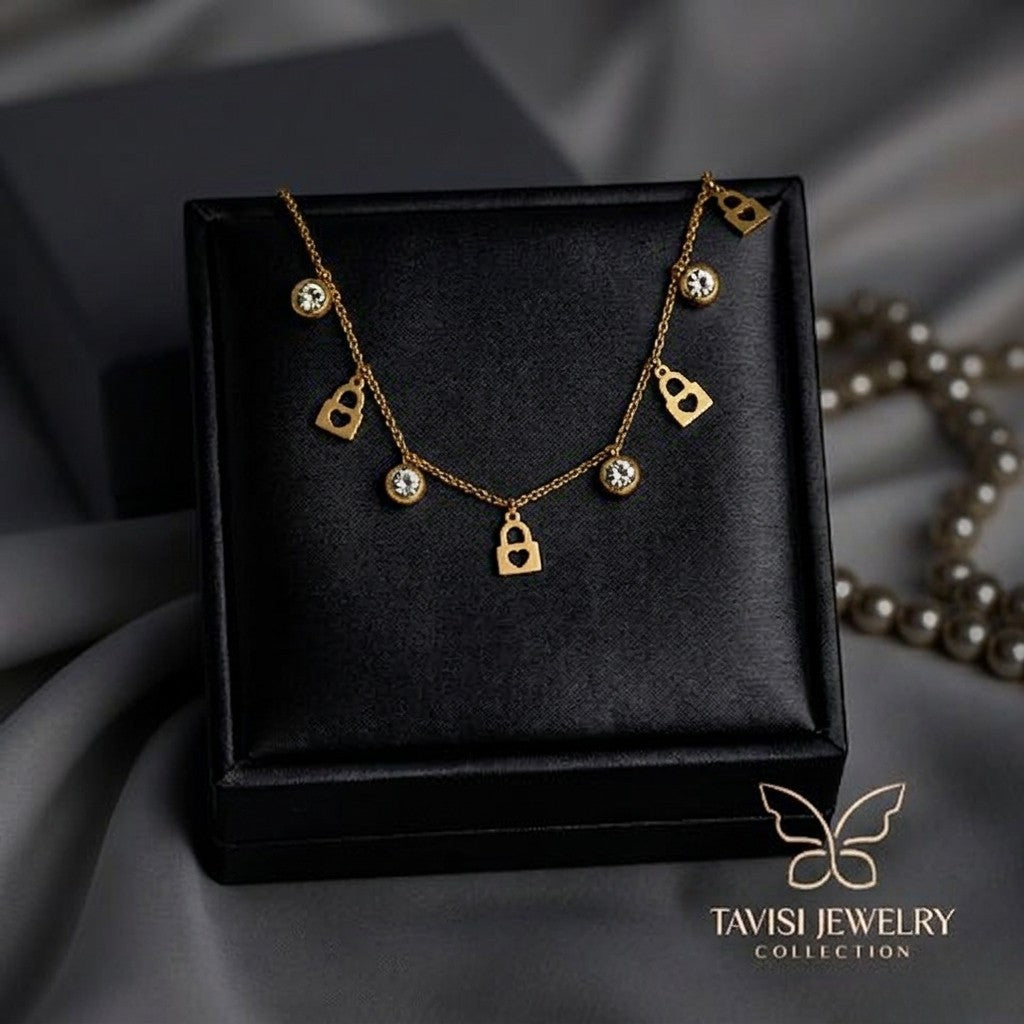 Tavisi Elara Lock Charm Tanmaniya Necklace with anti-tarnish gold finish and long lasting shine