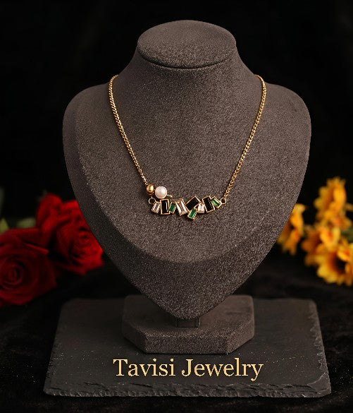 Tavisi Elara Luxe Charm Necklace with pearl and crystal accents in anti tarnish 18K gold plated stainless steel