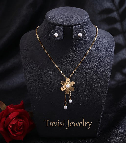 Tavisi Elara Pearl Bloom Necklace Set 22K gold plated anti tarnish stainless steel jewellery with pearl design