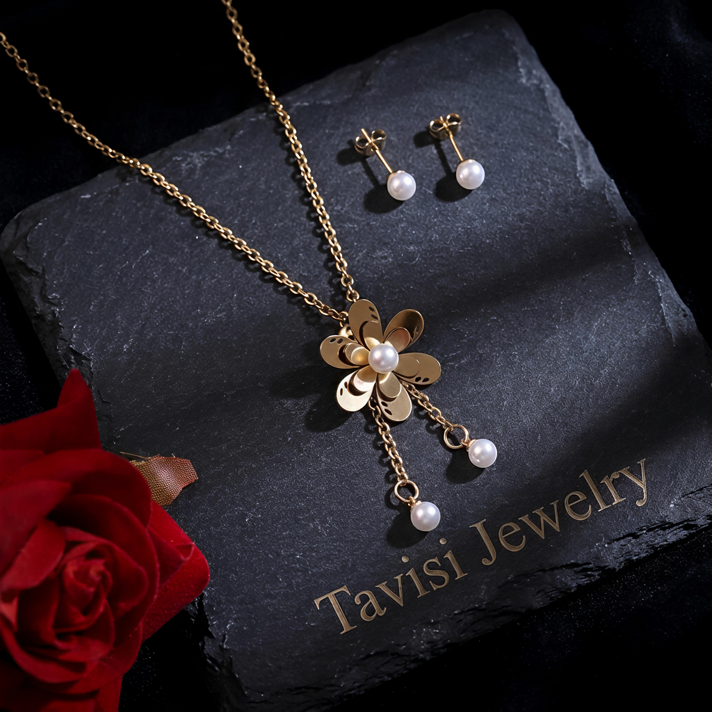 Luxury Tavisi floral pearl necklace and earring set waterproof 316L stainless steel with long lasting shine