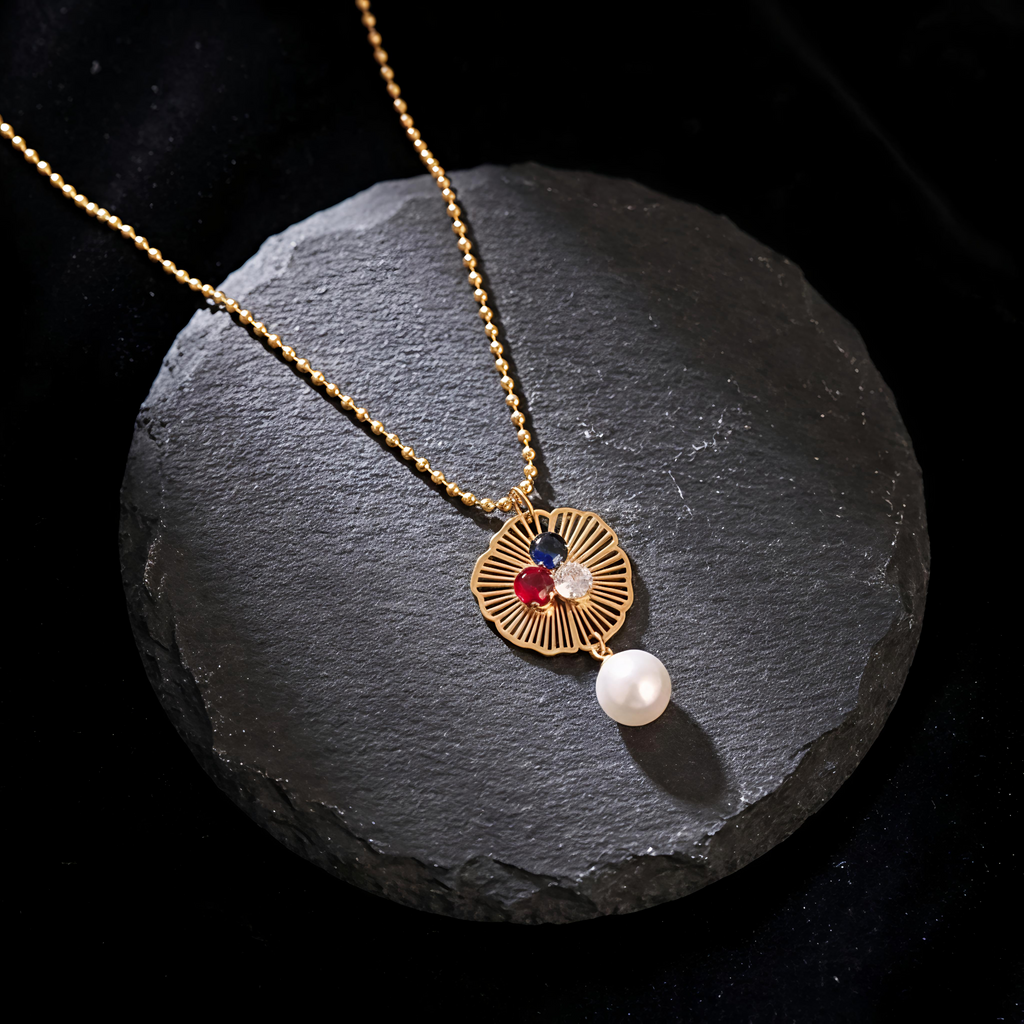 Close-up of Tavisi Elara Pearl Pendant Necklace featuring waterproof stainless steel, pearl drop and long lasting shine