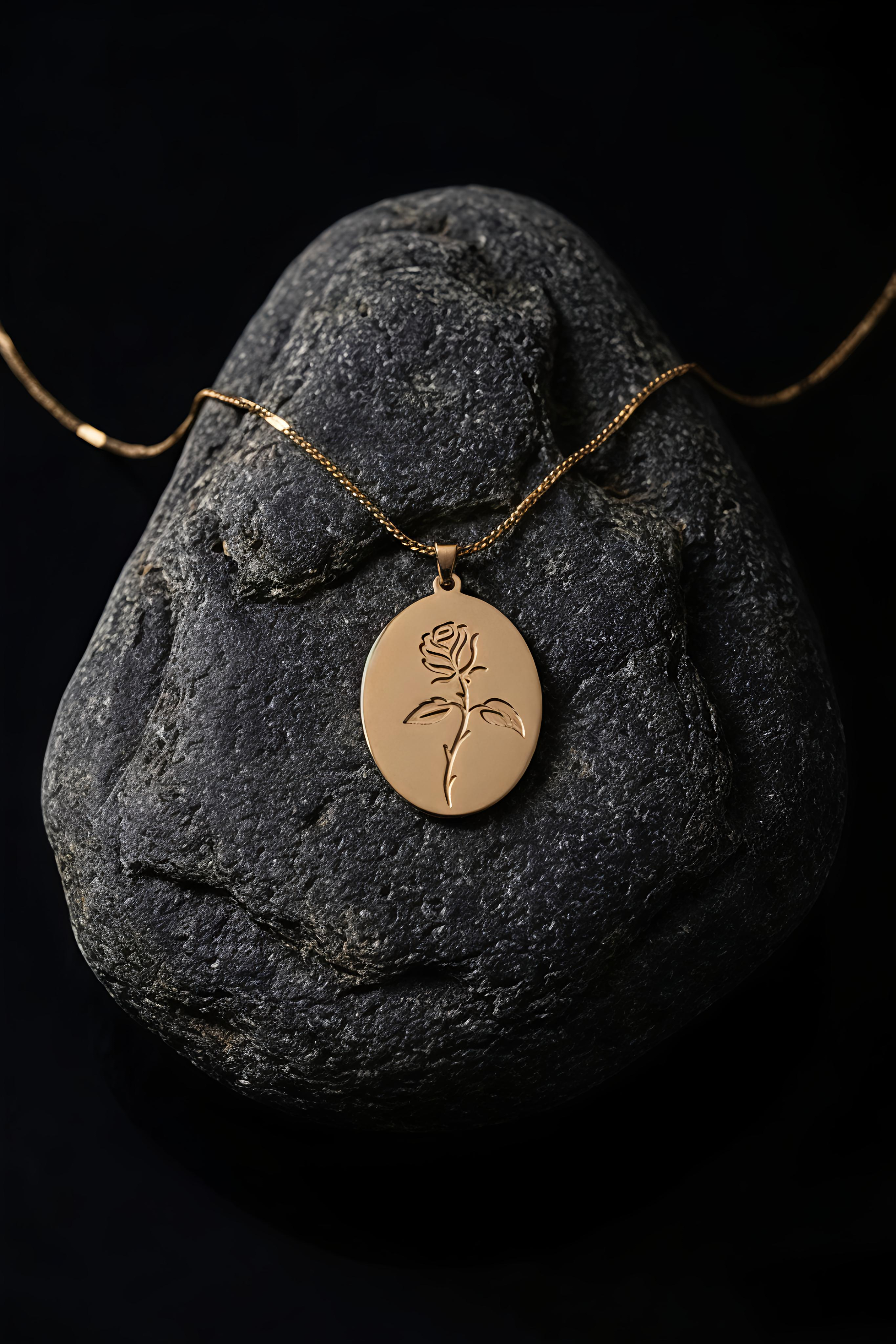 Close-up of Tavisi Elara Rose Pendant Necklace featuring anti tarnish waterproof gold plated stainless steel floral pendant design
