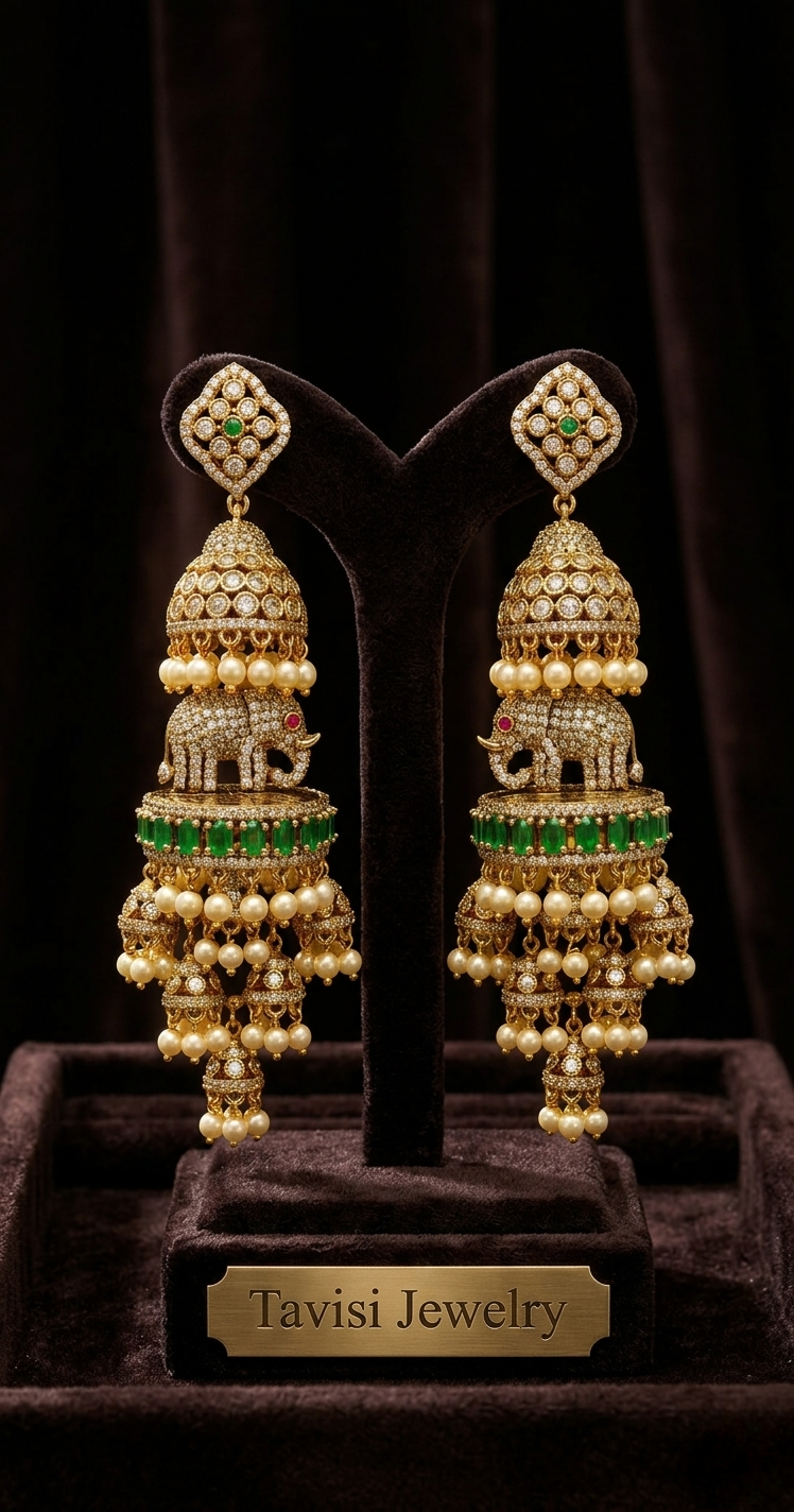 Tavisi Elephant Motif AD Long Jhumki Earrings in Green and Pink featuring premium American Diamond stones and elegant pearl accents.