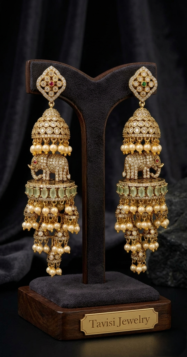 Tavisi Elephant Motif AD Long Jhumki Earrings in Mint Green featuring sparkling American Diamond stones and pearl detailing.