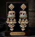 Tavisi Elephant Motif Polki Kundan AD Long Jhumki Earrings in Mint Green with pearl detailing and traditional bridal craftsmanship.