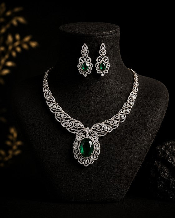 Tavisi Emerald Empress Green AD CZ White Stone Necklace Earrings Set Premium Brass Casting Luxury Jewellery