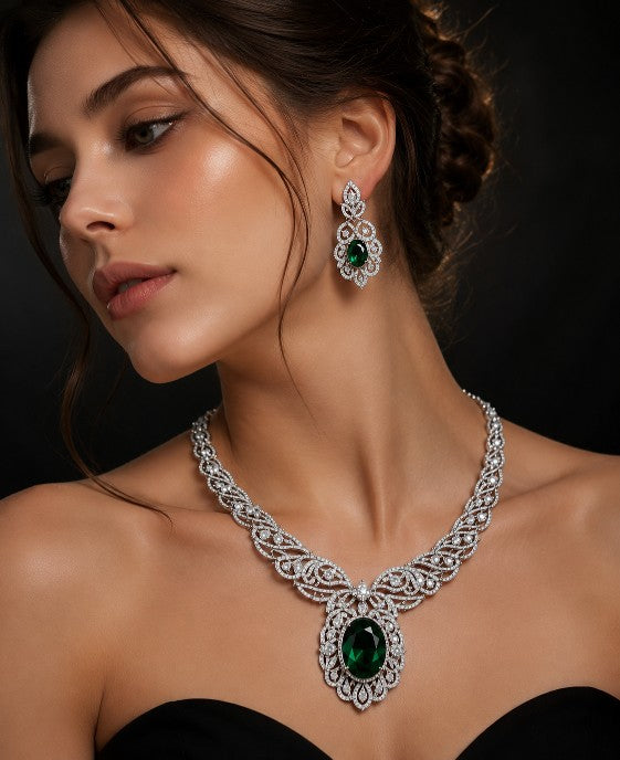 Tavisi Emerald Empress Green AD CZ White Stone Necklace Earrings Set Premium Brass Casting Luxury Jewellery with Long Lasting Shine for Everyday Luxury