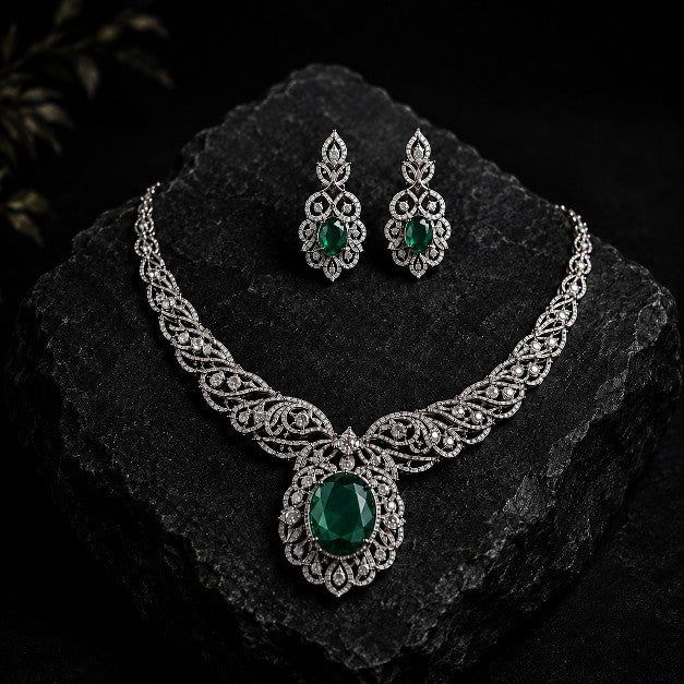 Tavisi Emerald Empress Luxury Necklace Set with AD American Diamond Stones and Emerald Green Design