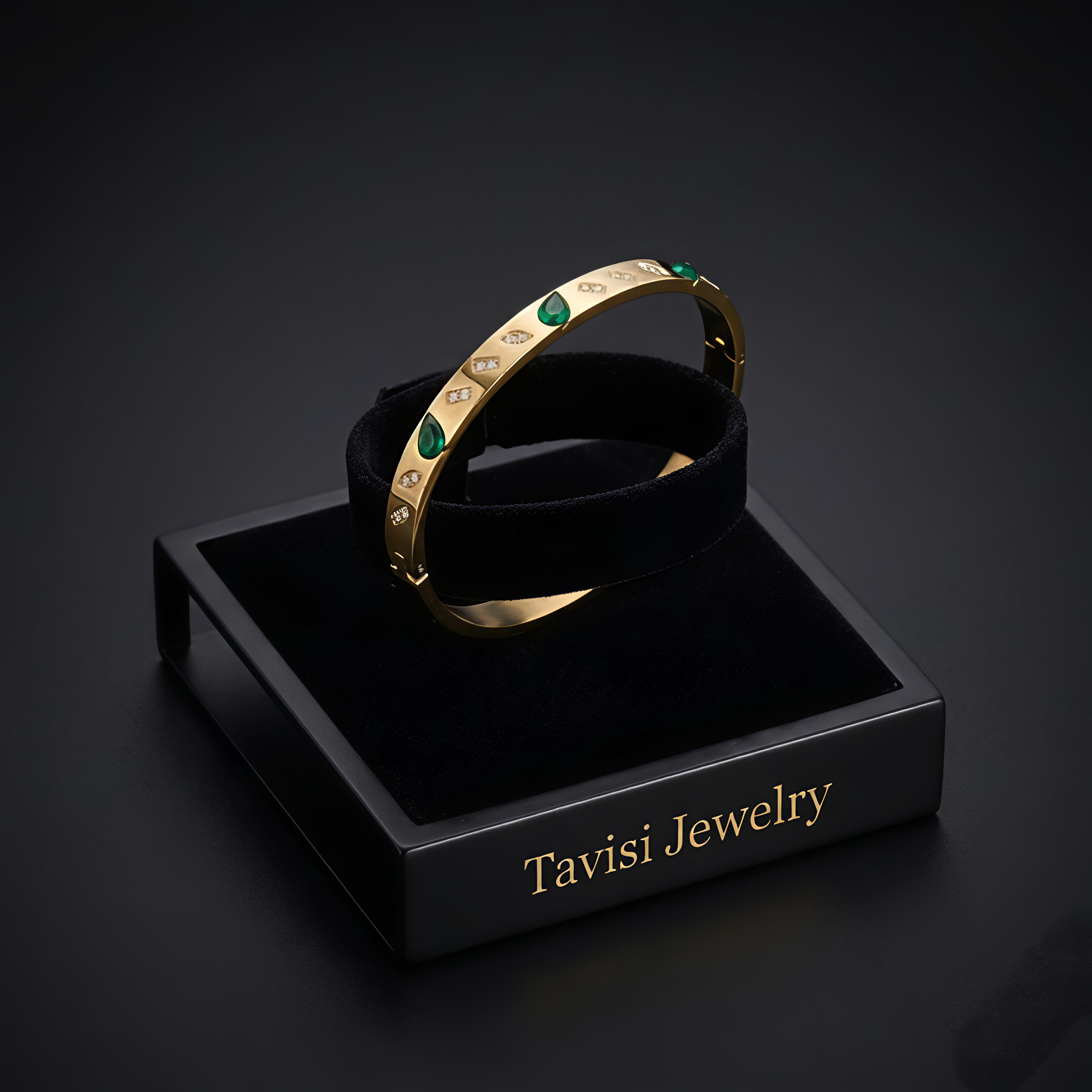 Tavisi Emerald Glow AD gold kada bracelet with green stones and long lasting anti tarnish finish