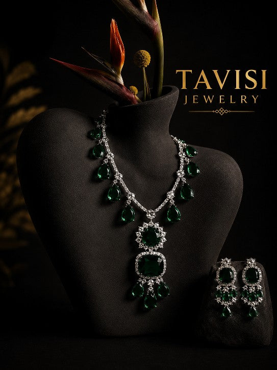 Tavisi Emerald Green AD CZ White Stone Necklace Earrings Set Premium Brass Casting Jewellery