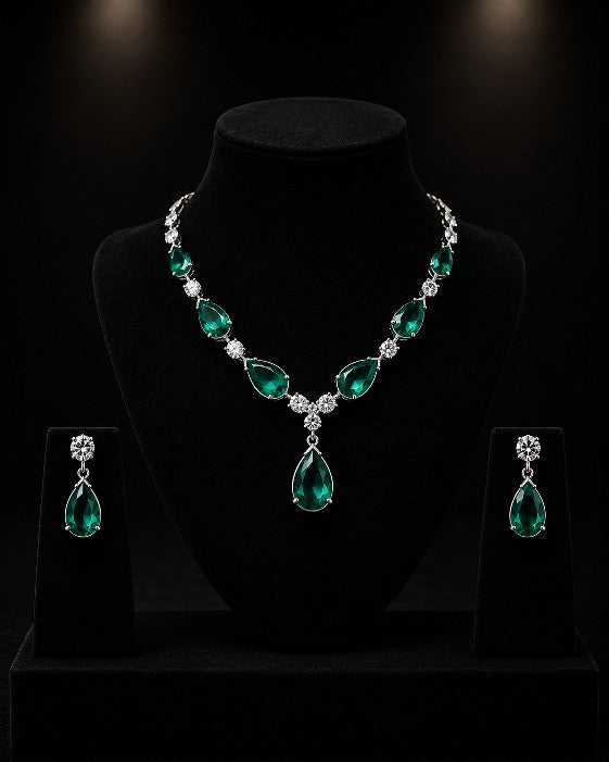 Tavisi Emerald Green AD CZ White Stone Necklace Earrings Set Premium Brass Casting Luxury Jewellery with Long Lasting Shine for Everyday Luxury