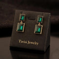 Tavisi emerald green rectangle crystal drop earrings with 22K gold plating and anti tarnish finish for women