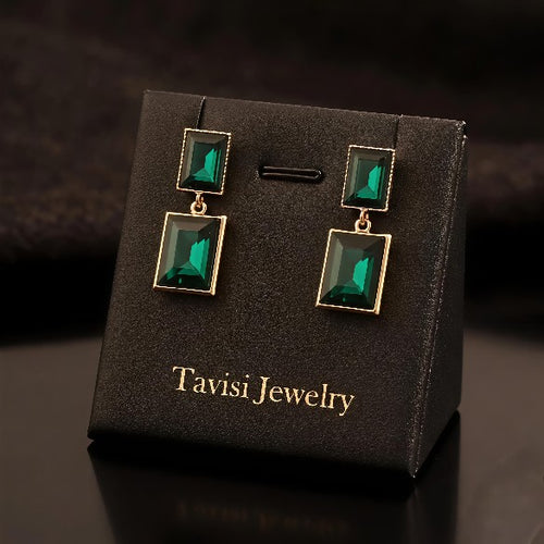 Tavisi emerald green rectangle crystal drop earrings with 22K gold plating and anti tarnish finish for women