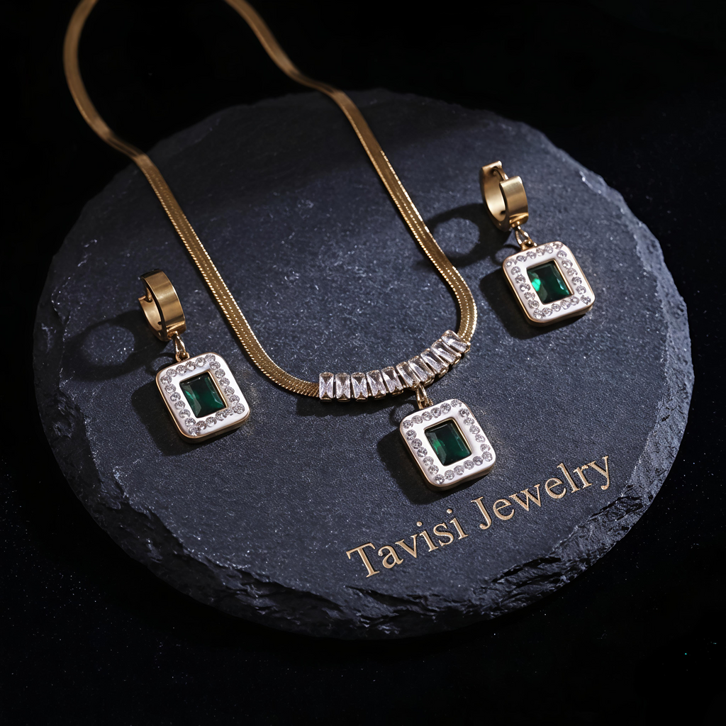Premium Tavisi emerald green necklace and earring combo waterproof 316L stainless steel jewellery with AD stones and long lasting shine