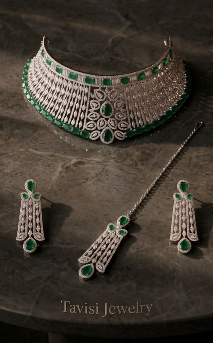 Close up of Tavisi long lasting brass casting AD choker set with emerald green stones.