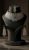 Tavisi long lasting brass casting AD choker set with emerald green stones main product image.