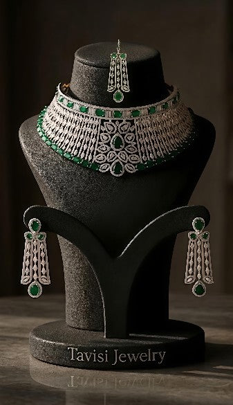 Tavisi long lasting brass casting AD choker set with emerald green stones main product image.