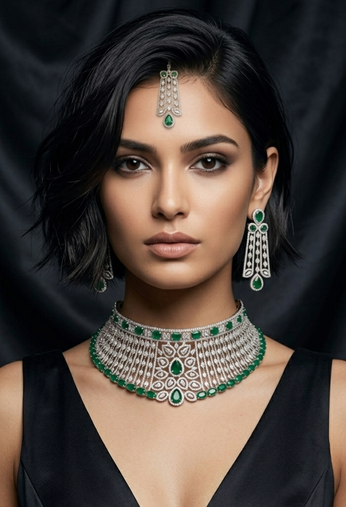Model wearing Tavisi long lasting brass casting AD choker set with emerald green stones.