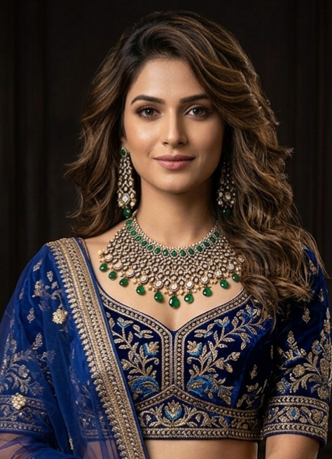Angled view of Tavisi premium mehndi finish heavy AD CZ bridal choker set with green stones pearls and matching earrings