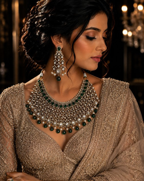 Angled view of Tavisi premium mehndi finish heavy AD CZ bridal choker set with green stones pearls and matching earrings