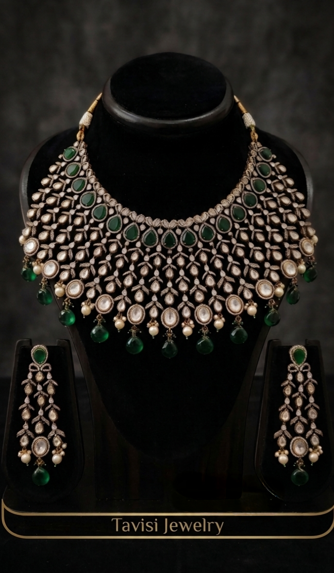 Tavisi emerald noir heavy AD CZ bridal choker set with mehndi finish green stones pearls and matching earrings front display