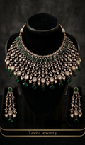 Tavisi emerald noir heavy AD CZ bridal choker set with mehndi finish green stones pearls and matching earrings front display