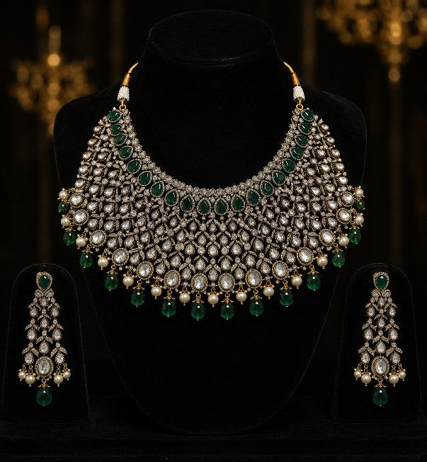 Tavisi emerald noir heavy AD CZ bridal choker set with mehndi finish green stones pearls and matching earrings front display