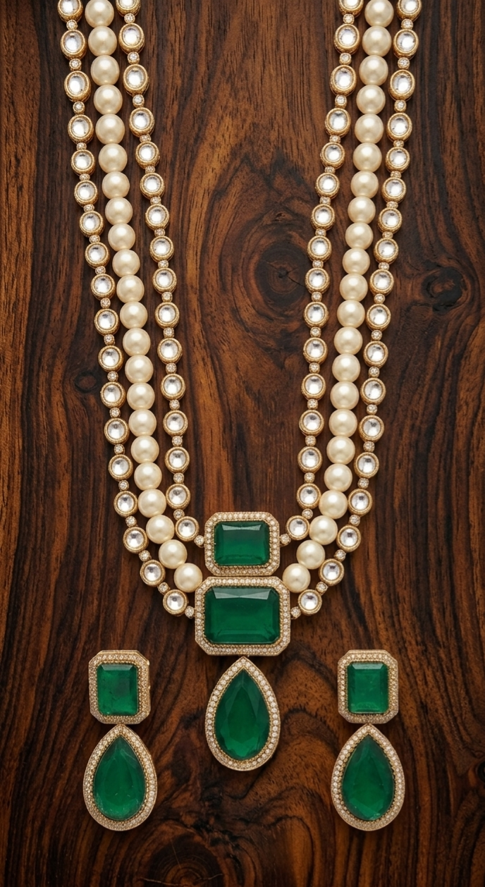 Close-up of Tavisi necklace set featuring white moissanite stones, emerald pendant stones, kundan detailing and pearl strands.