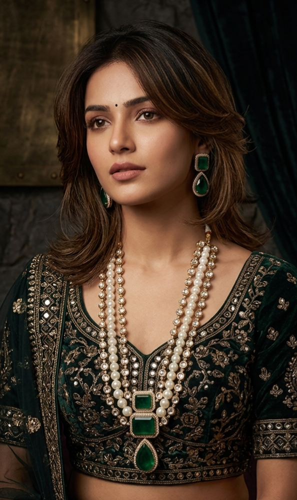 Model wearing Tavisi emerald pearl moissanite kundan necklace set with white moissanite stones, emerald stones and pearl strands.