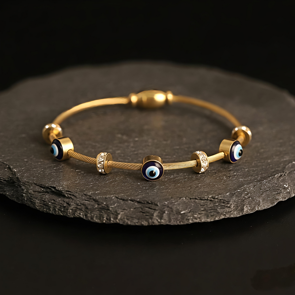 Premium Tavisi Evil Eye Gold Bracelet for women 22K gold plated anti tarnish 316L surgical stainless steel long lasting daily wear jewellery