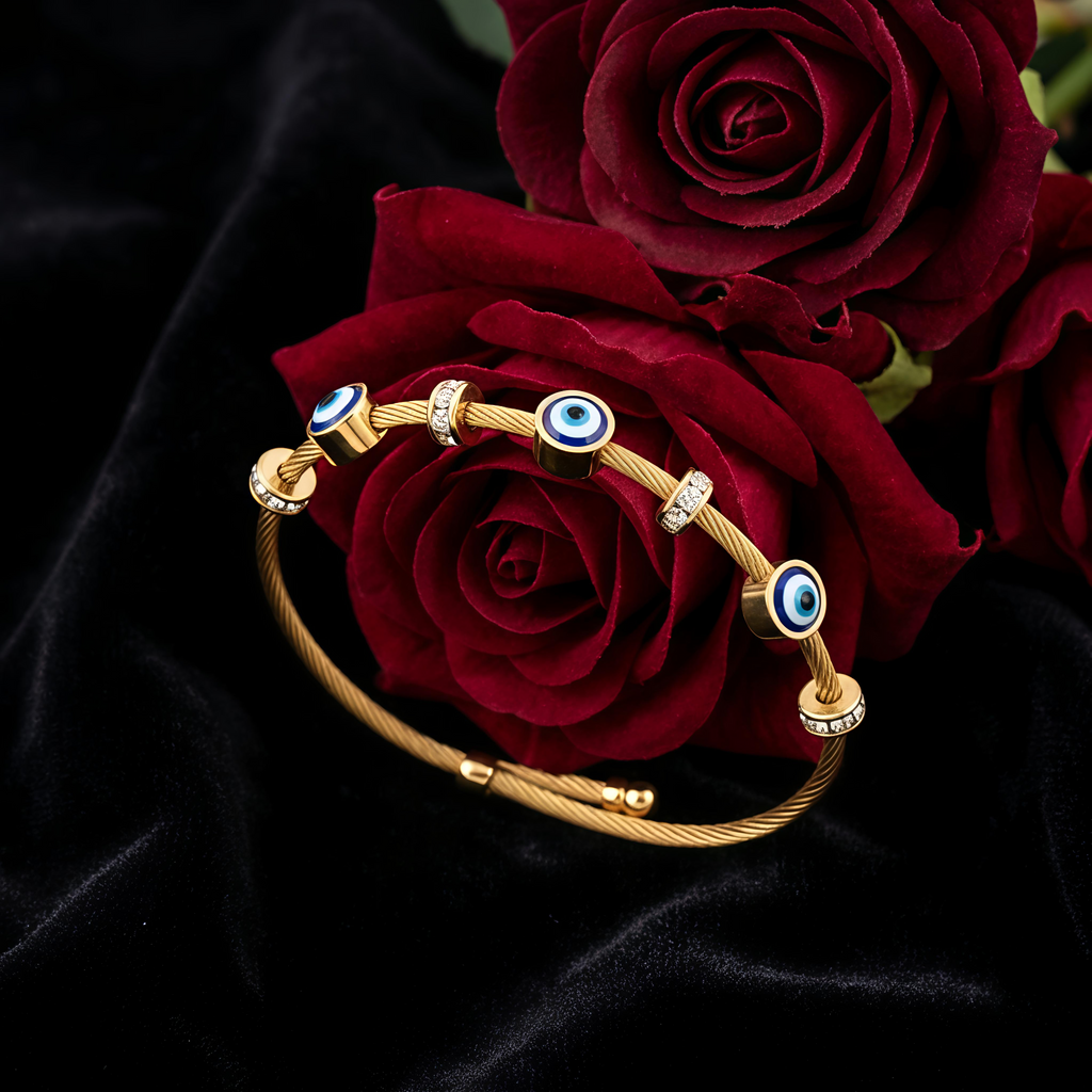 Tavisi Evil Eye Luxe Bracelet with 22K gold electroplated 316L surgical stainless steel anti tarnish waterproof long lasting jewellery closeup