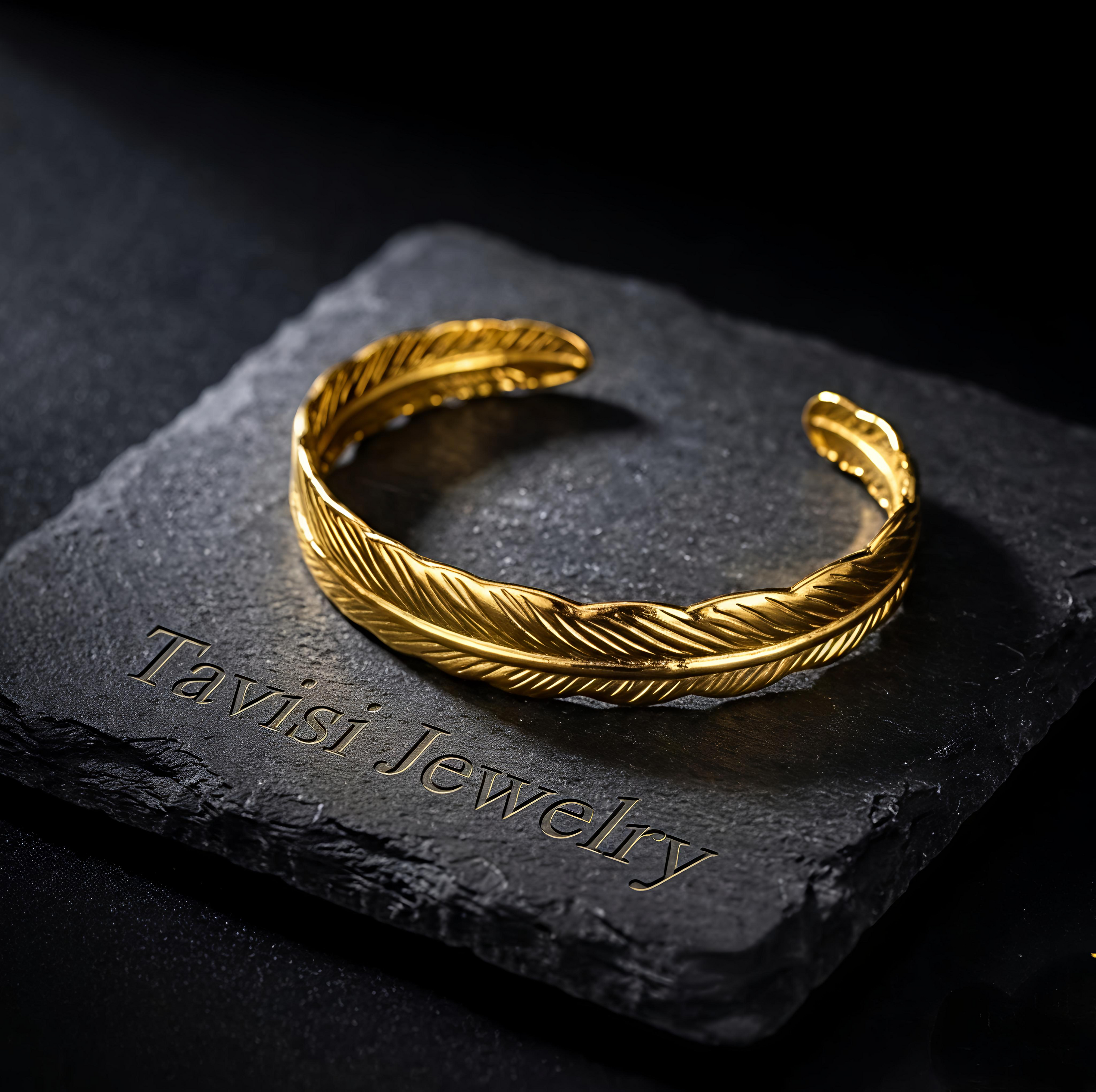 Angle view of Tavisi Feather Glow waterproof PVD coated feather bracelet with long lasting shine for women