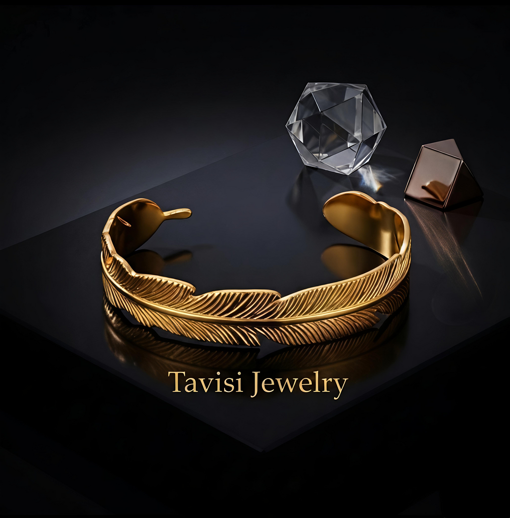 Tavisi Feather Glow luxury gold bracelet for women with elegant feather design and anti tarnish waterproof finish