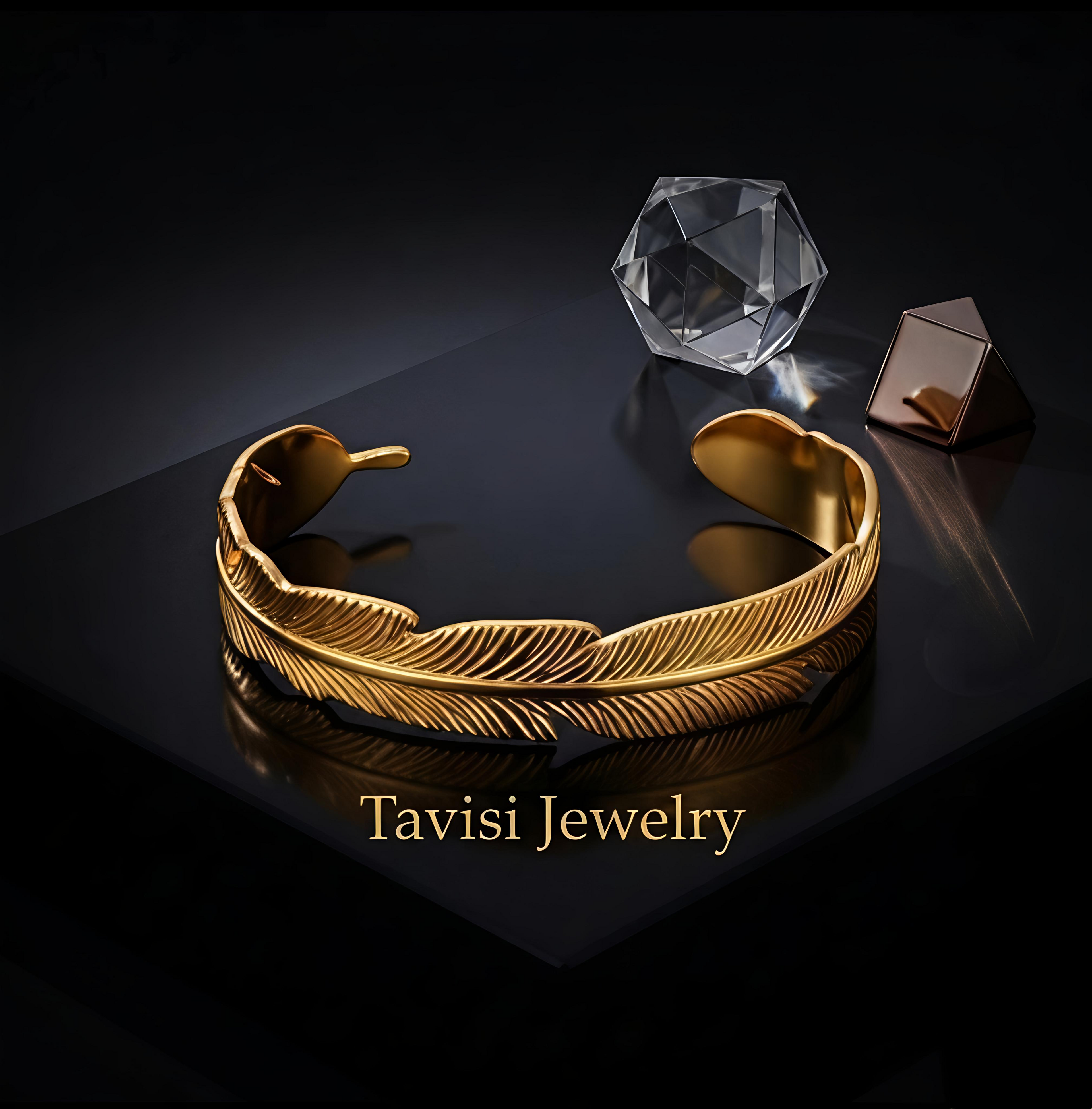 Tavisi Feather Glow luxury gold bracelet for women with elegant feather design and anti tarnish waterproof finish