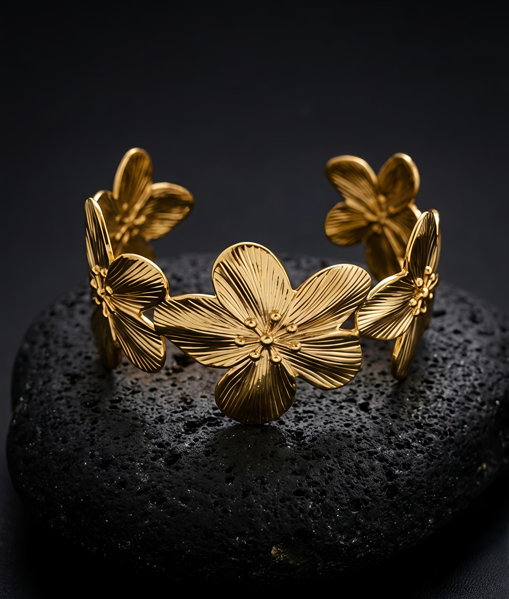 Tavisi Flora Luxe 316L surgical stainless steel 18K gold plated anti tarnish waterproof floral cuff bracelet side view for women