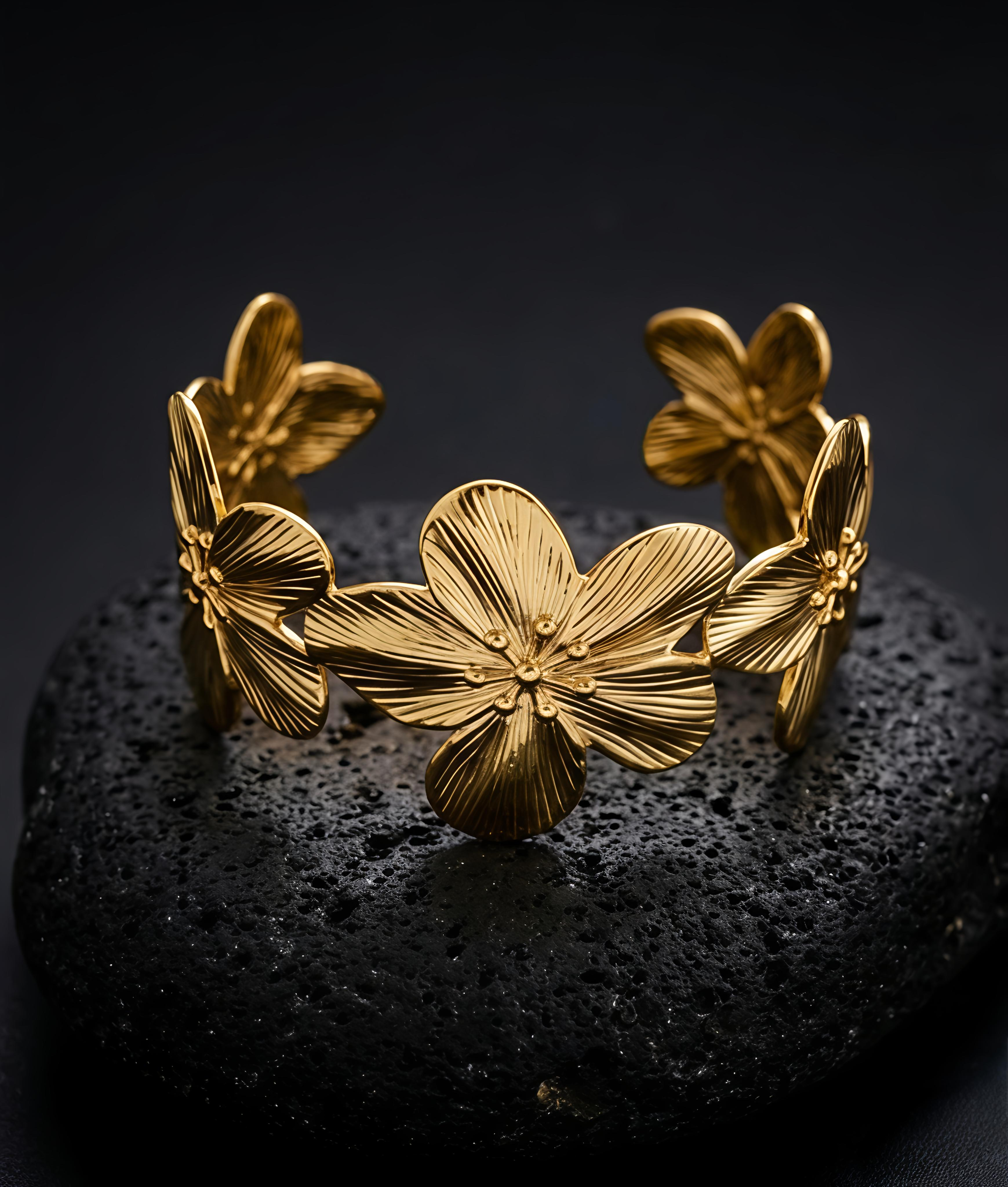 Tavisi Flora Luxe 316L surgical stainless steel 18K gold plated anti tarnish waterproof floral cuff bracelet side view for women
