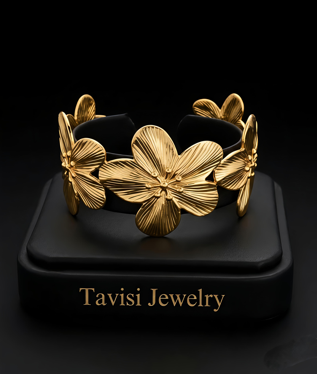 Tavisi Flora Luxe 316L stainless steel 18K gold plated anti tarnish floral cuff bracelet for women