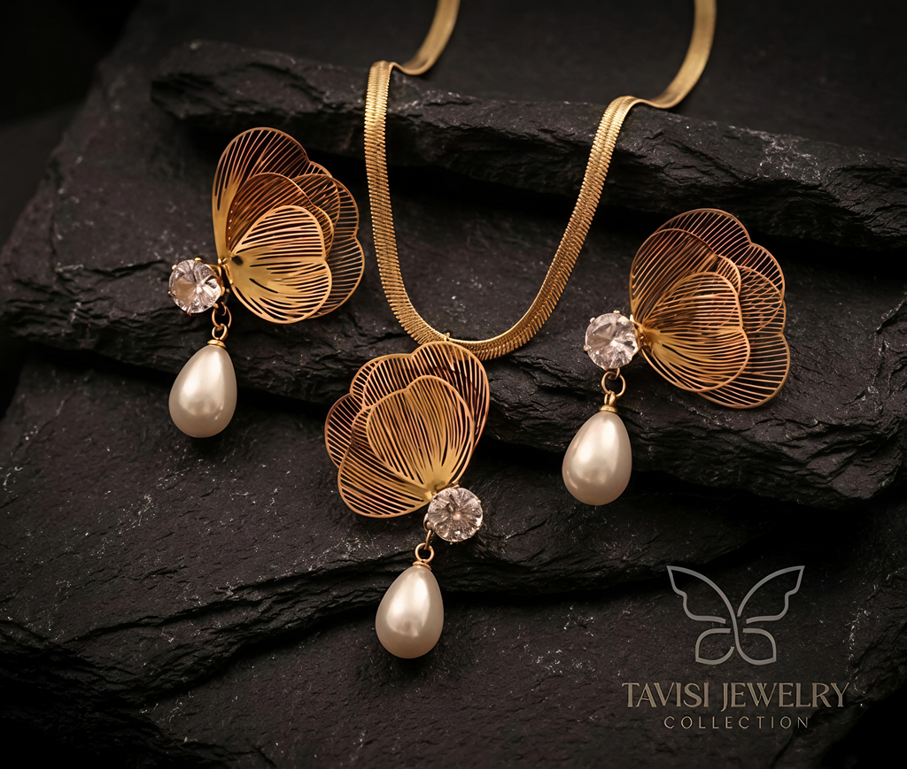 Premium Tavisi Floral CZ Pearl Necklace & Earrings Set with elegant pearl drops 22K gold plated 316L surgical stainless steel waterproof anti tarnish long lasting jewellery closeup