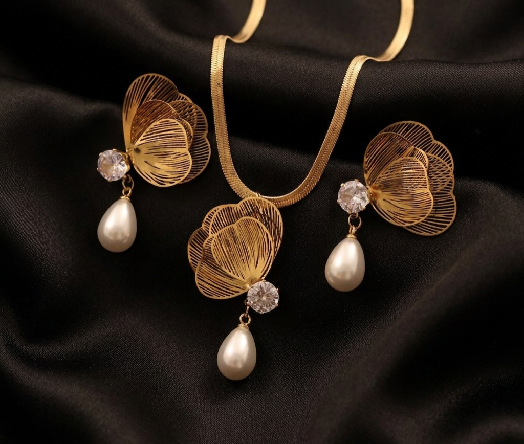 Tavisi Floral CZ Pearl Necklace & Earrings Set with sparkling CZ stones 22K gold electroplated 316L surgical stainless steel anti tarnish long lasting jewellery model view 