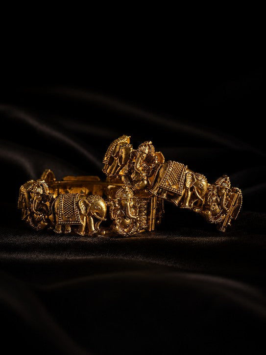 Tavisi Jewelry Gaja Ganesh gold plated brass open bangle with elephant motif