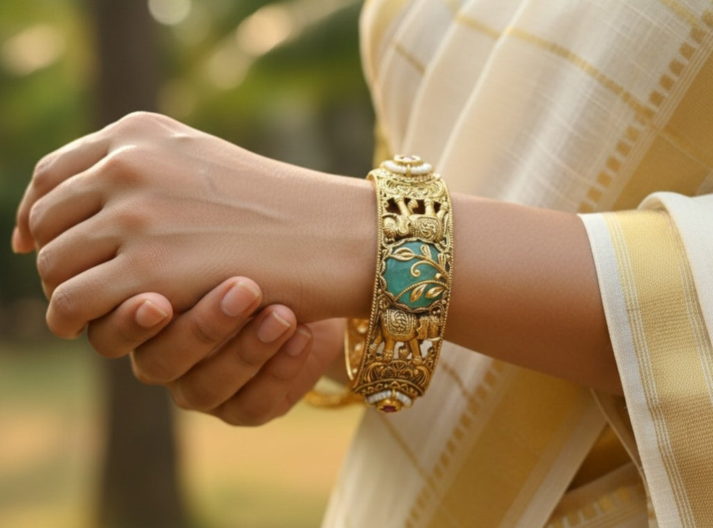 Close-up view of Tavisi Gajraj Heritage openable screw model bangles with intricate traditional detailing