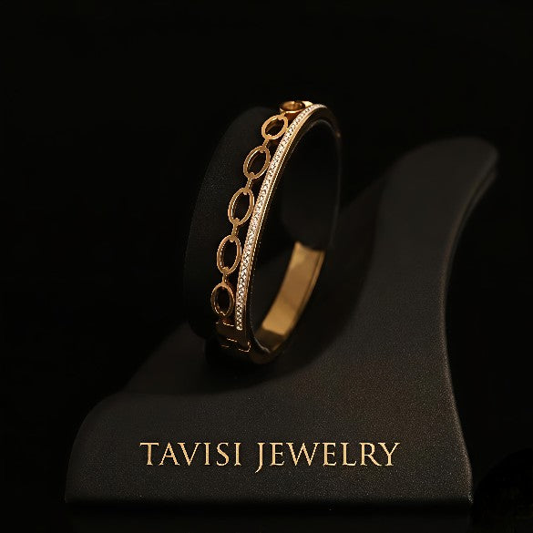 Tavisi Gold Circle Link CZ Bracelet in 316L surgical stainless steel with CZ stone line, 22K gold finish, anti tarnish protection, long lasting shine, size 2.0
