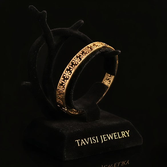 Tavisi Gold Floral Cut Bracelet in 316L surgical stainless steel with 22K gold finish, floral designer pattern, anti tarnish protection, long lasting shine, size 2.4
