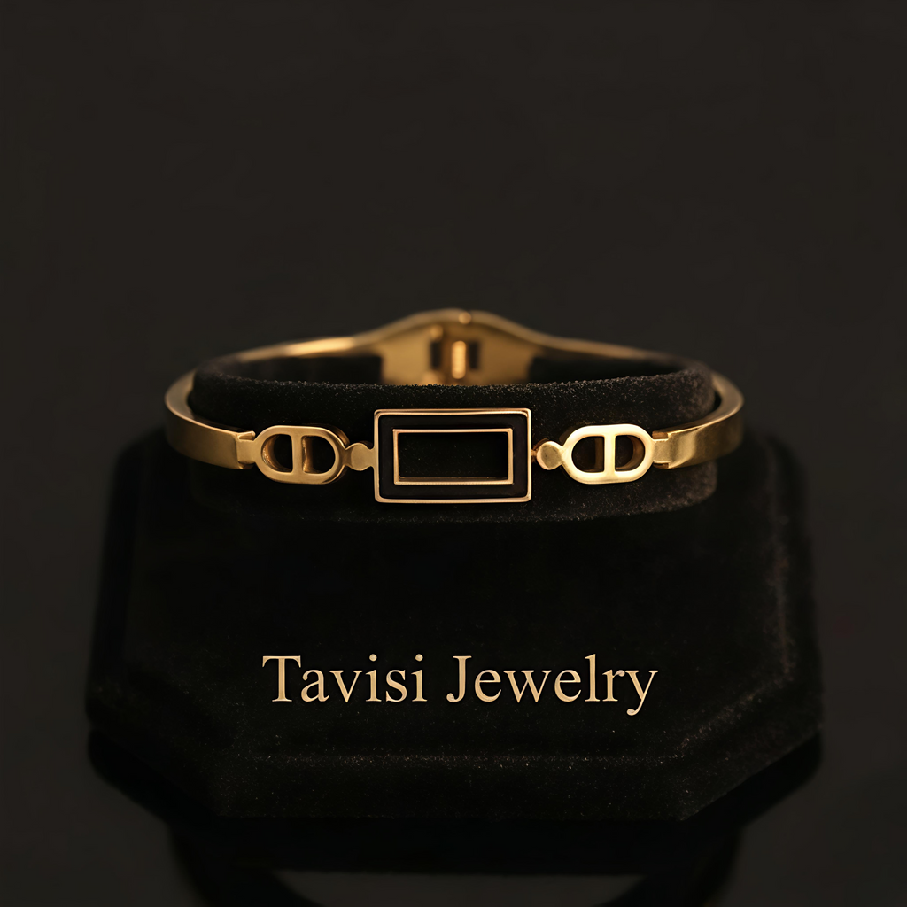Tavisi gold rectangle frame bracelet in 22K gold plated 316L surgical stainless steel with open lock design size 2.4
