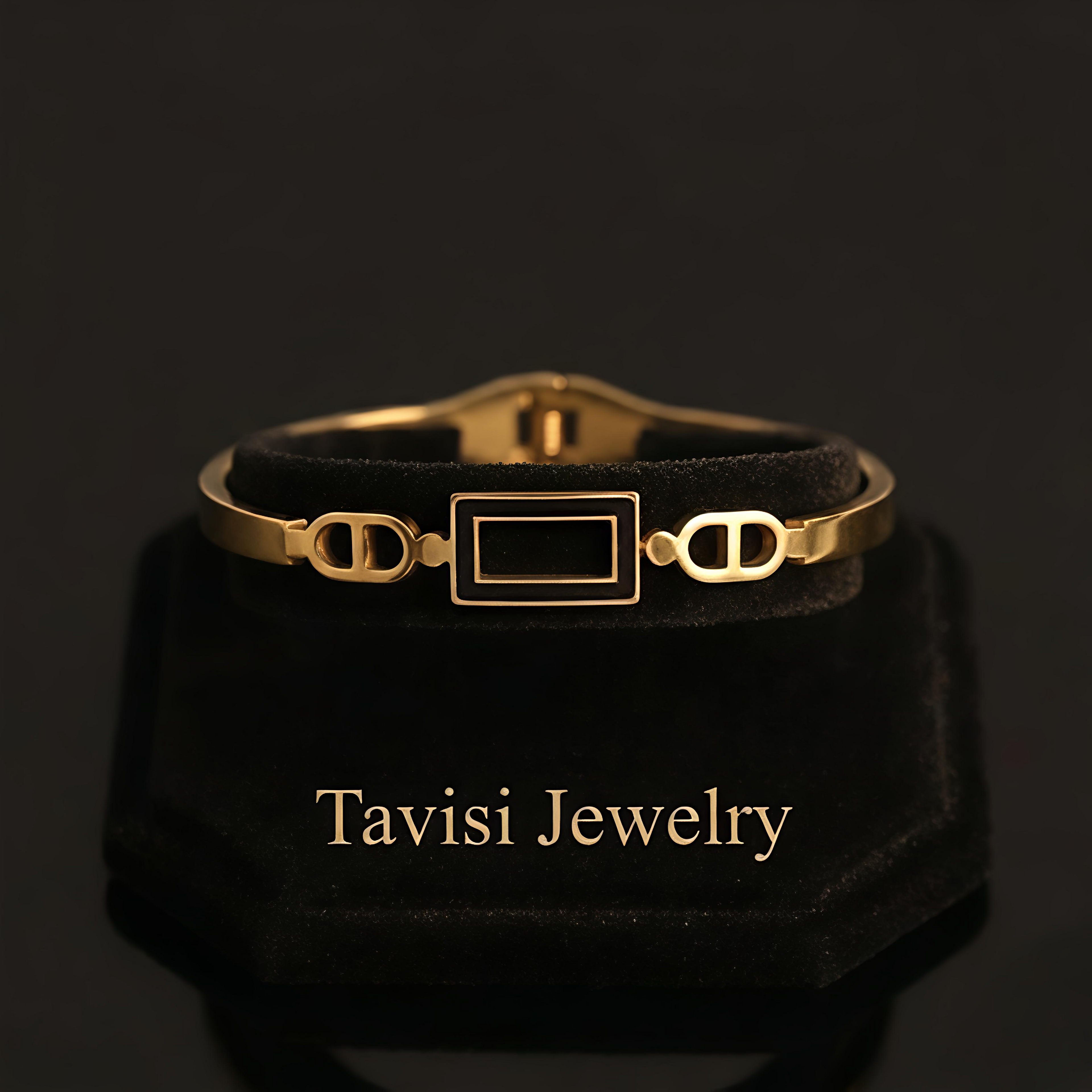 Tavisi gold rectangle frame bracelet in 22K gold plated 316L surgical stainless steel with open lock design size 2.4

