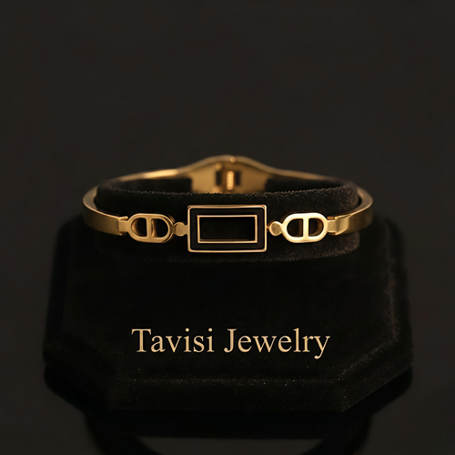 Tavisi gold rectangle frame bracelet in 22K gold plated 316L surgical stainless steel with open lock design size 2.4
