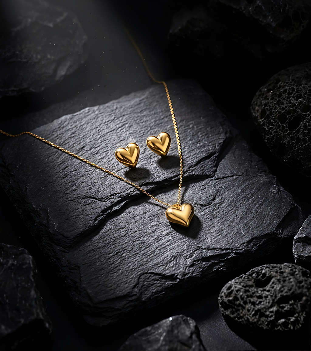 Premium Tavisi Golden Heart Pendant Necklace & Earrings Set with matching heart stud earrings 18K gold plated 316L surgical stainless steel anti tarnish long lasting daily wear jewellery closeup 